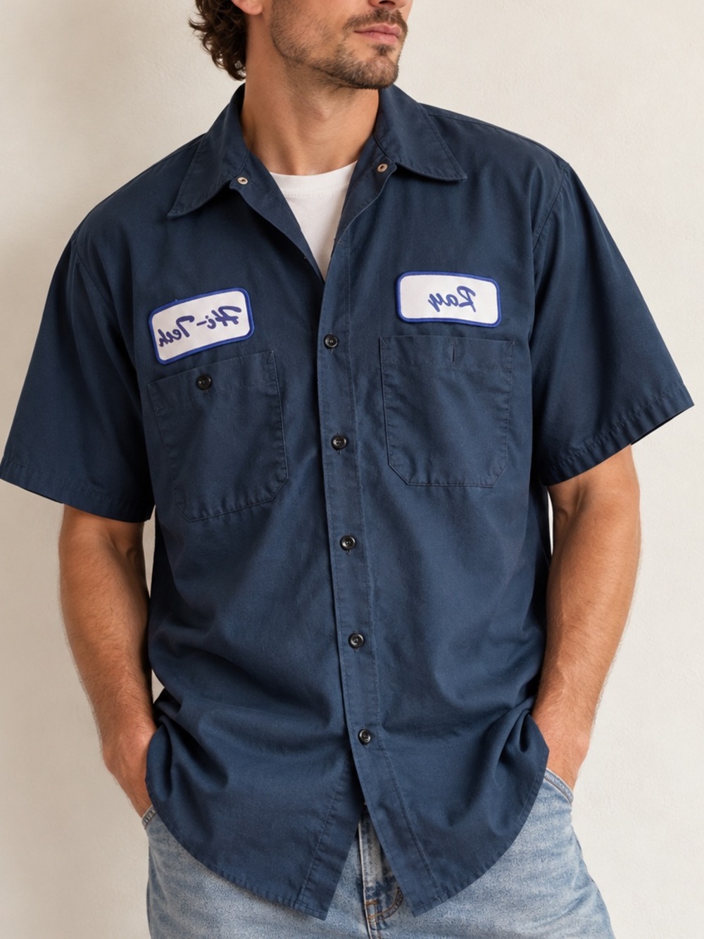 Men’s Mechanic Blue Button Down Shirt Sz Large